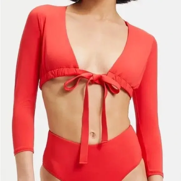 Good American Red Swim Top with Long Sleeves and Tie-Front - Picture 2 of 4